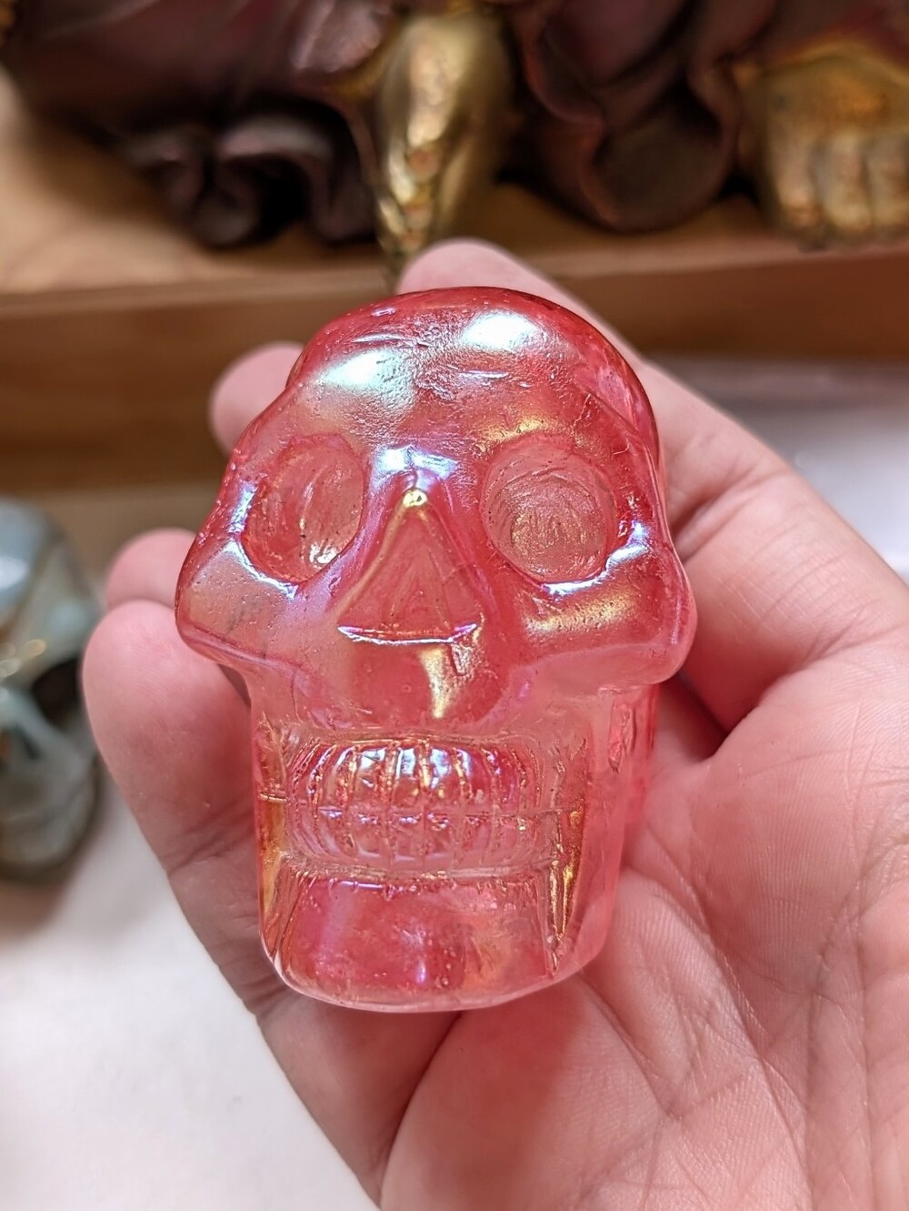 Pink / Rose Auraquartz Clear Quartz Hand Carved Quartz Crystal 🔮 Skull ☠️💀